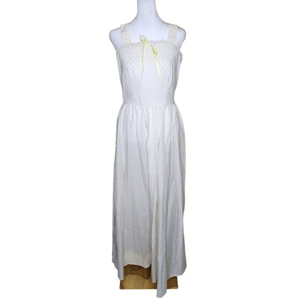 Vintage 70s Strappy Maxi Sweet Summer Dress Womens Size M White Yellow Calico Fl